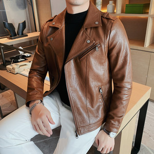 JK109-P130秋冬男士修身皮衣韩版型男斜拉链西装领皮夹克外套咖啡图片