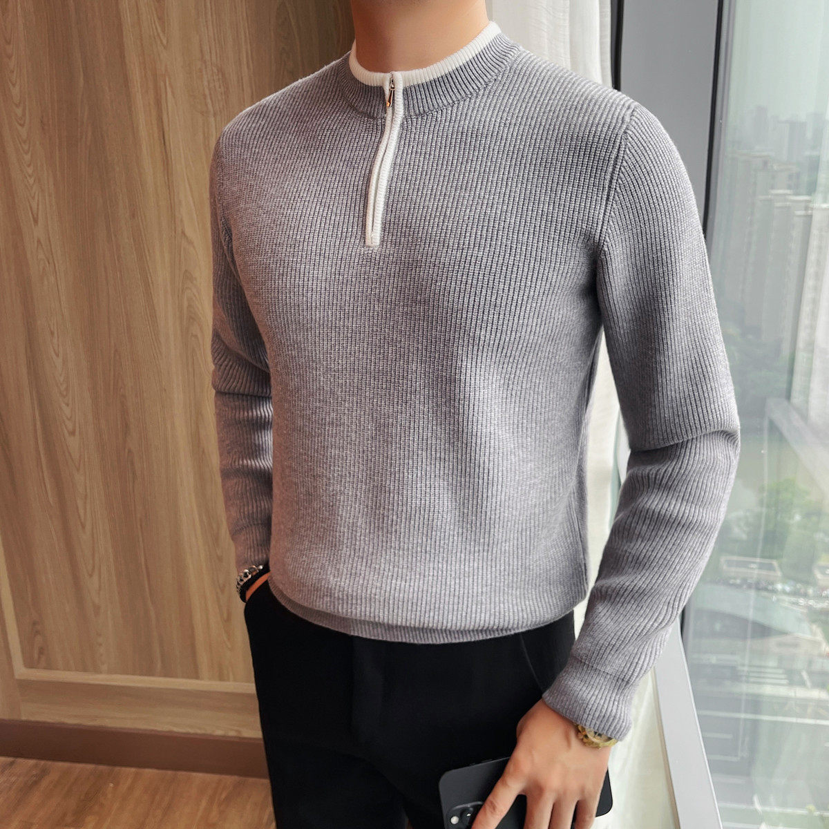 3781-P85圆领拉链粗针厚款男士毛衣新款修身弹力针织衫上衣打底衫,男装T恤,电商B333