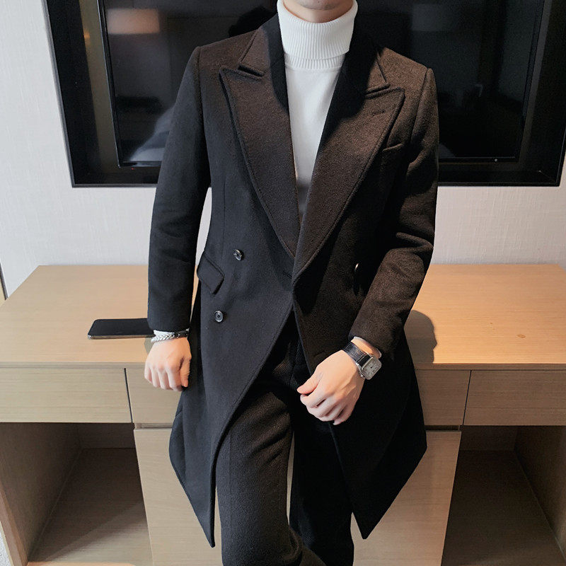 DY1008-P325长款毛呢大衣高品质呢子风衣双排扣后中开叉羊毛外套，男装风衣，电商B333