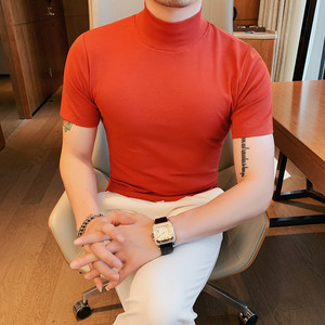 5881-特P40 男士夏季短袖t恤紧身纯色体恤修身半高领打底衫图片
