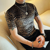 2615-P38豹纹男士短袖t恤高级感网红潮流男装半高领男款花打底衫，男装T恤，电商B333