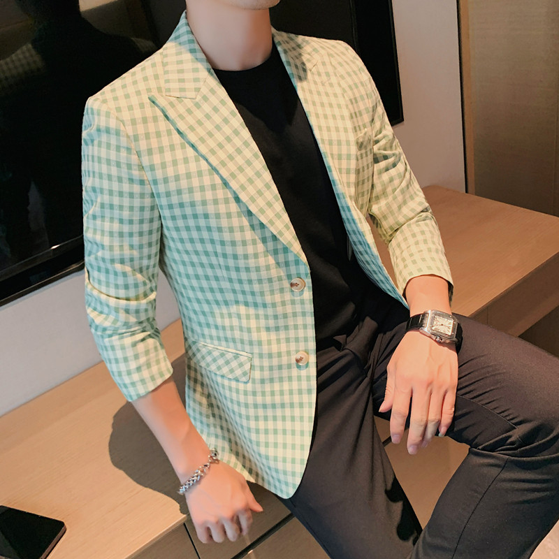 23585-P155西服外套男士格子小西装长袖上衣潮流时尚休闲单排扣,男装西服套装,电商B333