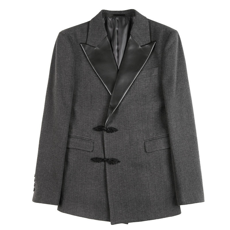 XF1038-P175厚西装外套男士西服礼服修身休闲皮领拼接单排扣,男装西服套装,电商B333