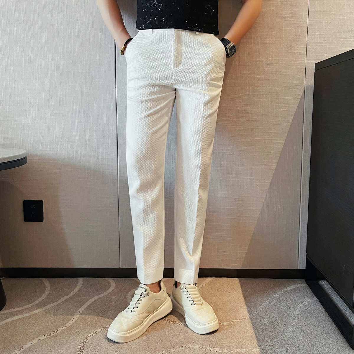 XK2075-P65 休闲裤九分男士春秋薄款条纹韩版潮流西裤图片