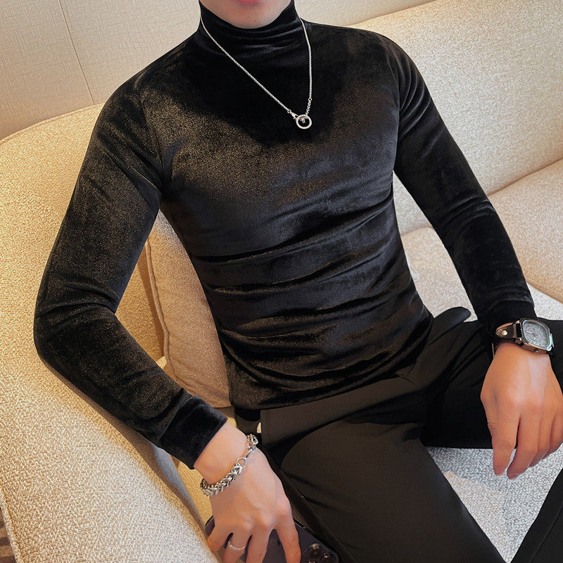 6882-特P40金丝绒半高领打底衫男士秋冬新款纯色百搭中领T恤,男装T恤,电商B333