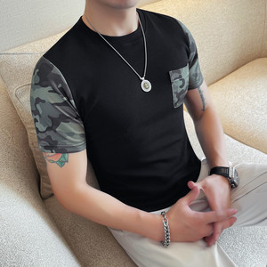 6611-P38迷彩短袖男士夏季线条设计感小众百搭休闲圆领简约T恤图片