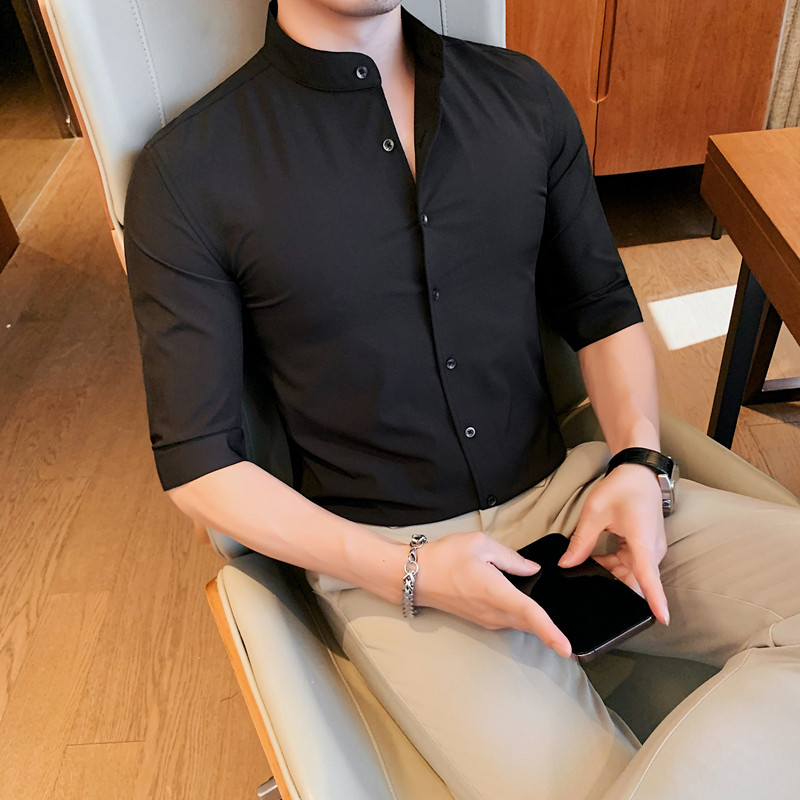 ZX7882-P58中袖衬衫男士夏季潮流休闲帅气纯色修身帅气衬衣绿,男装衬衫,电商B333