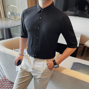 8211-P65 95 条纹冰丝半袖衬衫男士夏季新款修身中袖衬衣图片