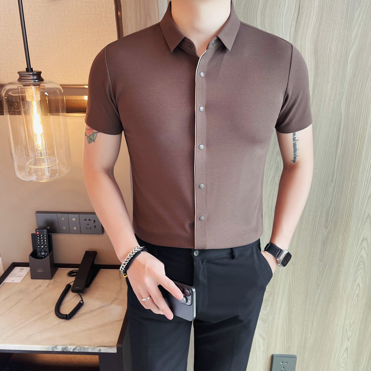 MJ1005-P58 冰丝华夫格短袖开衫POLO衫男士夏季新款商务休闲修身图片