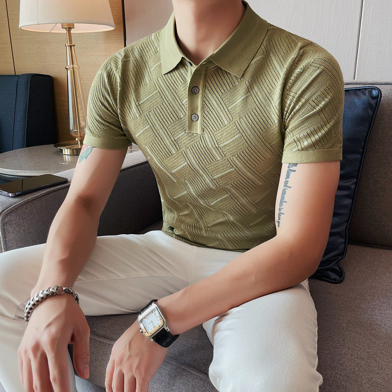 1215-P58polo衫男士夏季针织短袖t恤镂空修身半袖翻领体恤,男装T恤,电商B333