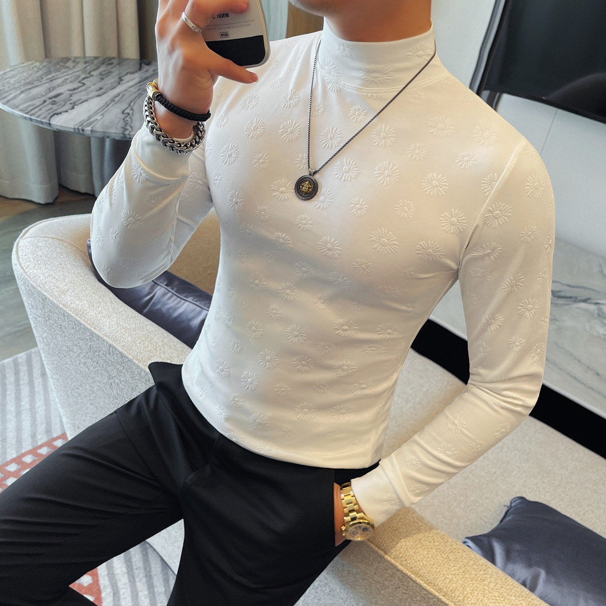 2633-特P30小菊花压花T恤男秋冬新款半高领长袖时尚百搭休闲打底,男装T恤,电商B333