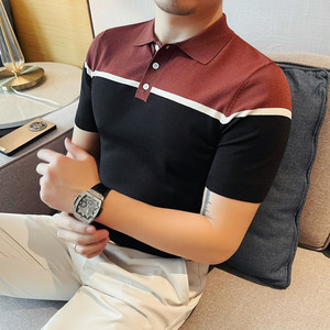 3773-P63 短袖针织polo衫男士透气中袖冰丝T恤打底衫撞色领修身图片