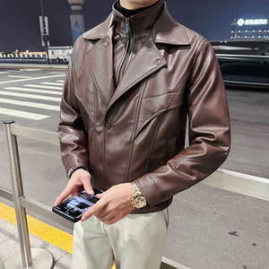 JK6208-148 黑色翻领机车皮衣男短款真皮夹克假两件外套高级感，男装夹克，电商B333