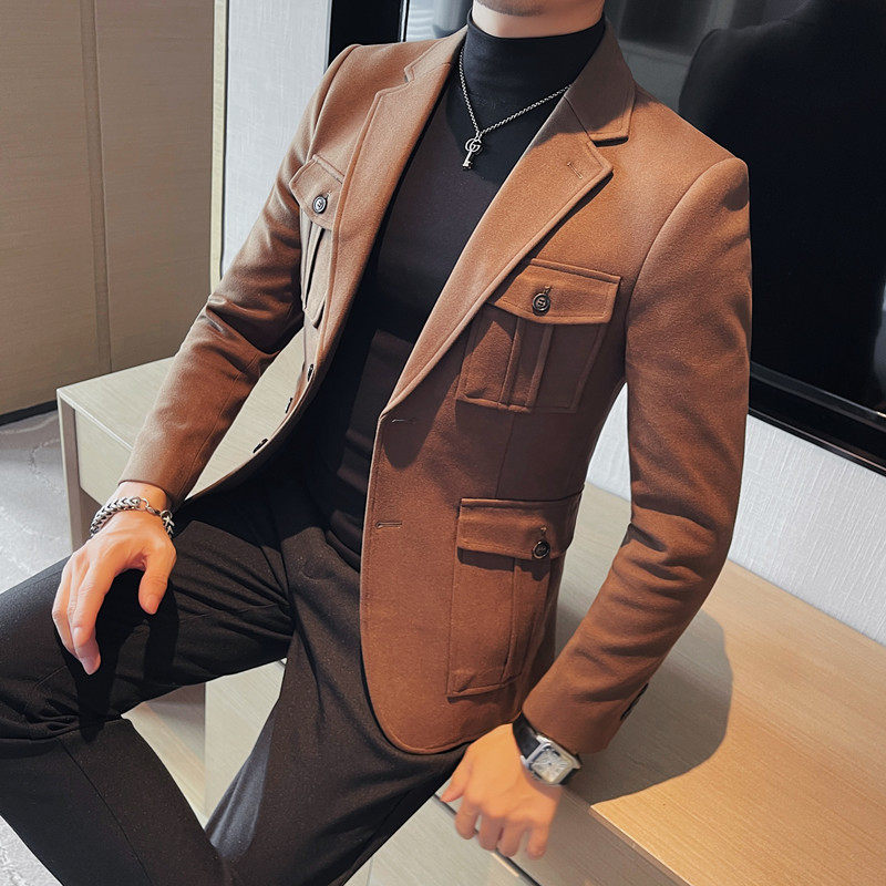 XF1041-P175 呢子西装外套男士冬季厚西服 单排扣多口袋西装图片
