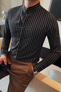 9111-P58 立领衬衫男长袖韩版修身条纹衬衣男士休闲商务寸衫潮流图片