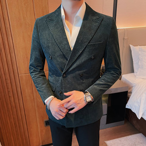 23580-P155 灯芯绒西装外套男士双排扣西服修身条纹休闲西装图片