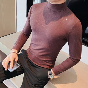 DD03-特P40 秋季中领男士打底衫 撒粉半高领长袖体恤图片