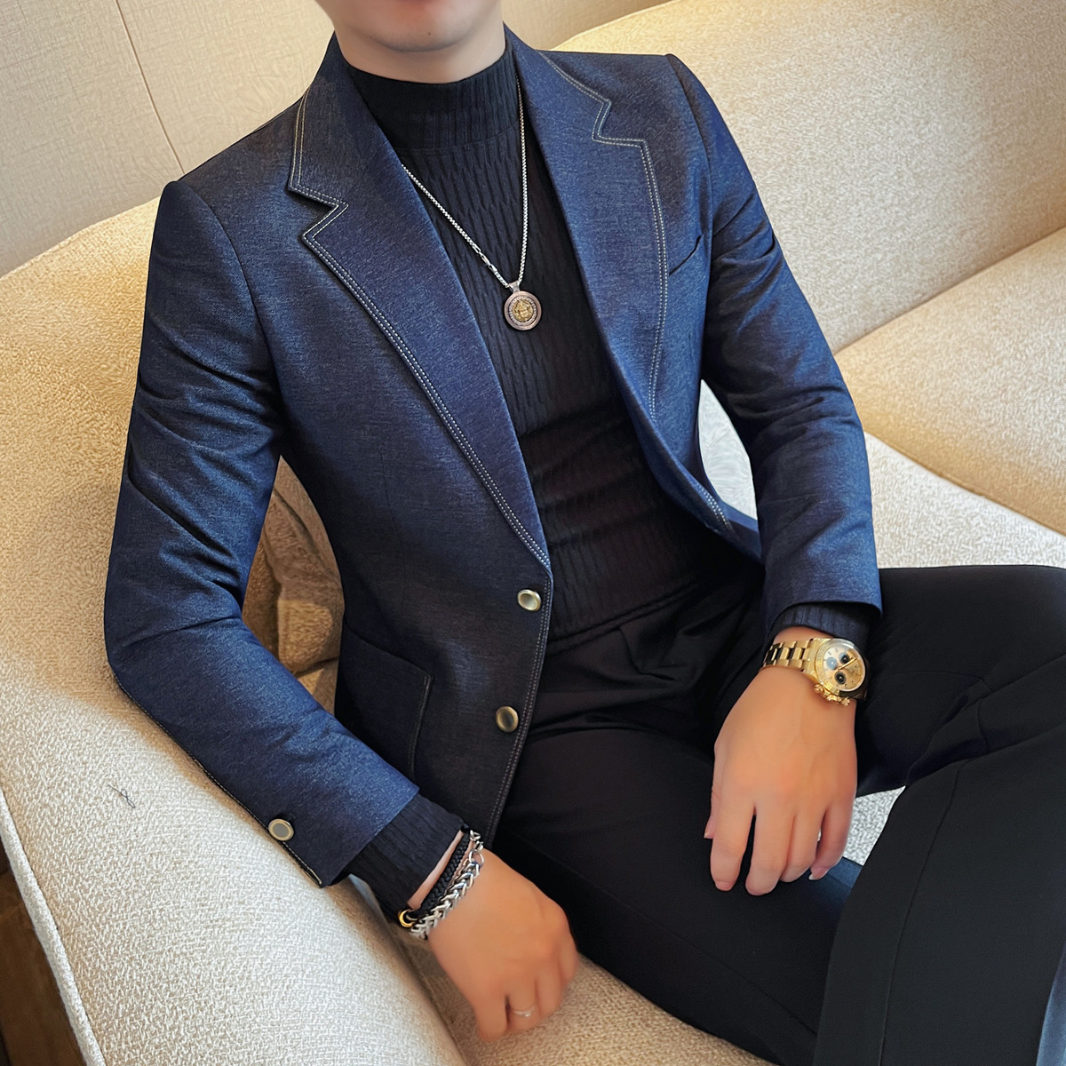 23720-P165刺绣牛仔西装男士长袖西装外套新款商务休闲西服上衣，男装西服套装，电商B333