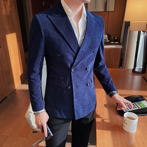 23580-P155 灯芯绒西装外套男士双排扣西服修身条纹休闲西装图片