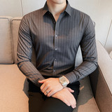 8602—P75男士百搭长袖纯色条纹无痕衬衣弹力大英伦型男修身衬衫2，男装衬衫，电商B333
