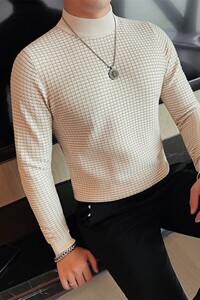 8530-P68 半高领小格子针织衫毛衣男士秋冬新款修身中领打底衫图片