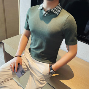 3751-P58 千鸟格拼色polo衫男痞帅高级感修身夏季短袖针织冰丝t恤图片