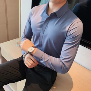老款继续做1072-P95 弹力无痕压胶坠感丝滑长袖衬衫男修身衬衣图片