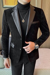 23661-P155 拼皮西装外套男士秋冬新款修身休闲潮流男士西服外套图片