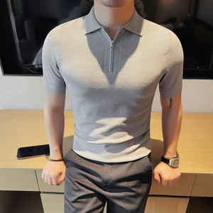 3755-P68 半拉链短袖针织T恤男士夏季修身翻领半袖polo衫图片