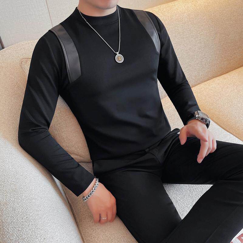 7929-P59小中领长袖体恤男士秋冬新款拼接纯色修身打底衫,男装T恤,电商B333