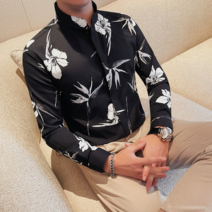 6116-P78 印花衬衫男士长袖立领衬衣 休闲时尚高级感衬衫男图片