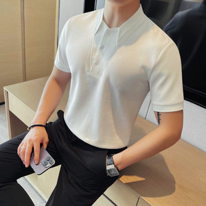 7501-P58 短袖polo衫男士夏季白色T恤 纯色百搭体恤 假两件T恤图片