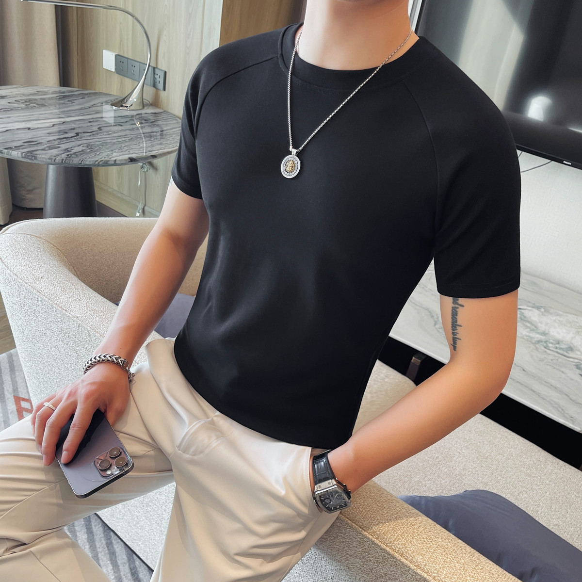 6610-P38男士圆领短袖T恤春夏新款潮流修身纯色百搭半袖体恤,男装T恤,电商B333
