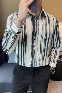 7896-P65 男士长袖衬衫秋季条纹修身潮流休闲帅气衬衣图片