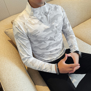 T666-P78 鲨鱼皮半高领高弹立领体恤男士秋冬新款拉链插肩袖T恤图片