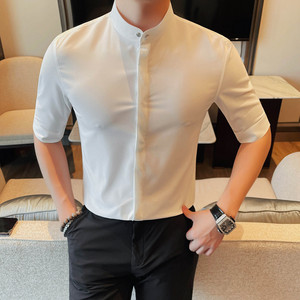 C7122-P58 79短袖衬衫男士纯色立领暗扣衬衣商务休闲百搭寸衫图片