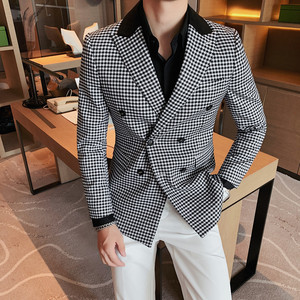 23532-P155 双排扣西装外套男士秋冬新款韩版修身千鸟格西服图片