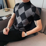 8501-P58秋冬男士修身半高领毛衣中领短袖菱形格子，男装T恤，电商B333