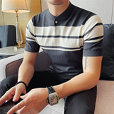 3772-P58圆领短袖针织体恤男士透气条纹中袖冰丝T恤打底衫POLO衫，男装T恤，电商B333