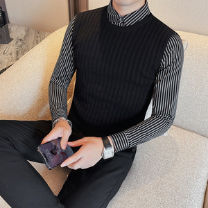 HM008-P105假两件男士秋冬新款修身衬衫领针织毛衣打底衫