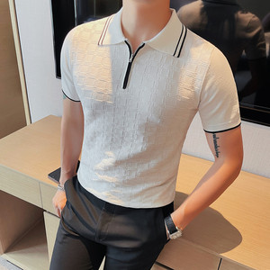 HL004-P58 短袖polo衫男士夏季格子拉链翻领针织冰丝修身t恤图片
