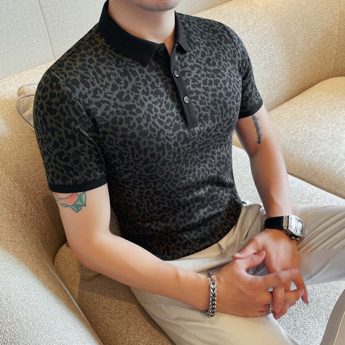 PL3601-P45短袖体恤POLO衫男士春夏新款潮流时尚半袖豹纹T恤打底,男装T恤,电商B333