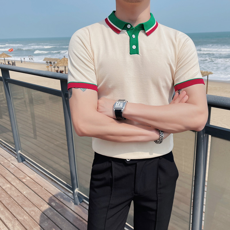 3346-P58夏季男士短袖polo衫修身翻领半袖体恤针织冰丝拼色t恤,男装T恤,电商B333