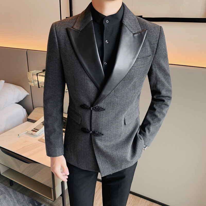 XF1038-P175厚西装外套男士西服礼服修身休闲皮领拼接单排扣,男装西服套装,电商B333