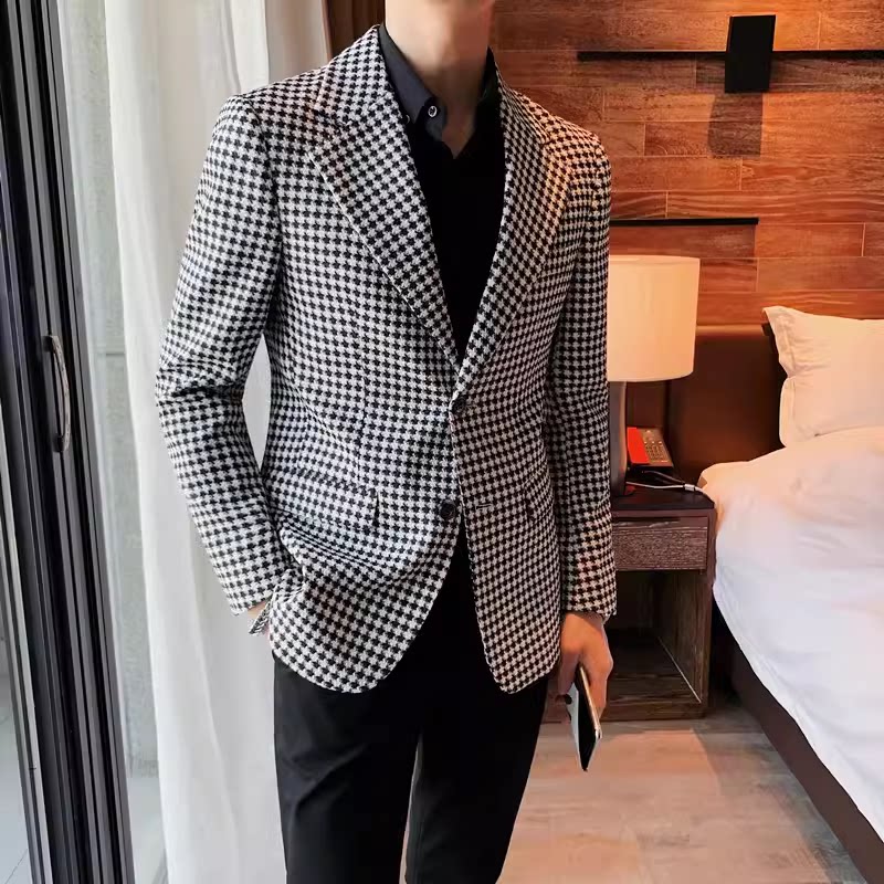 老款继续做XF05-P155青年商务免烫长袖修身春季格子西服西装休闲图片