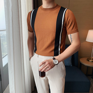 YT05-P48夏季新款韩版修身圆领条纹撞色冰丝短袖T恤打底针织衫潮2，男装T恤，电商B333