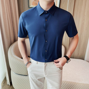 8212-P58 79 短袖冰丝衬衫男士夏季新款 条纹纯色百搭衬衣图片