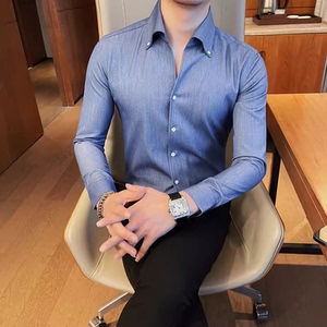 老款继续做9889-P75 男士衬衫长袖修身商务休闲衬衣 牛仔蓝衬衫图片