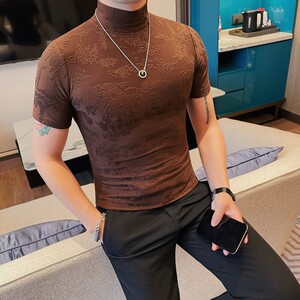T2405-P38 短袖T恤男士半高领修身打底衫 花纹个性体恤图片