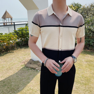 3356-P78 男士短袖polo衫夏季修身针织冰丝开衫潮流休闲半袖t恤图片